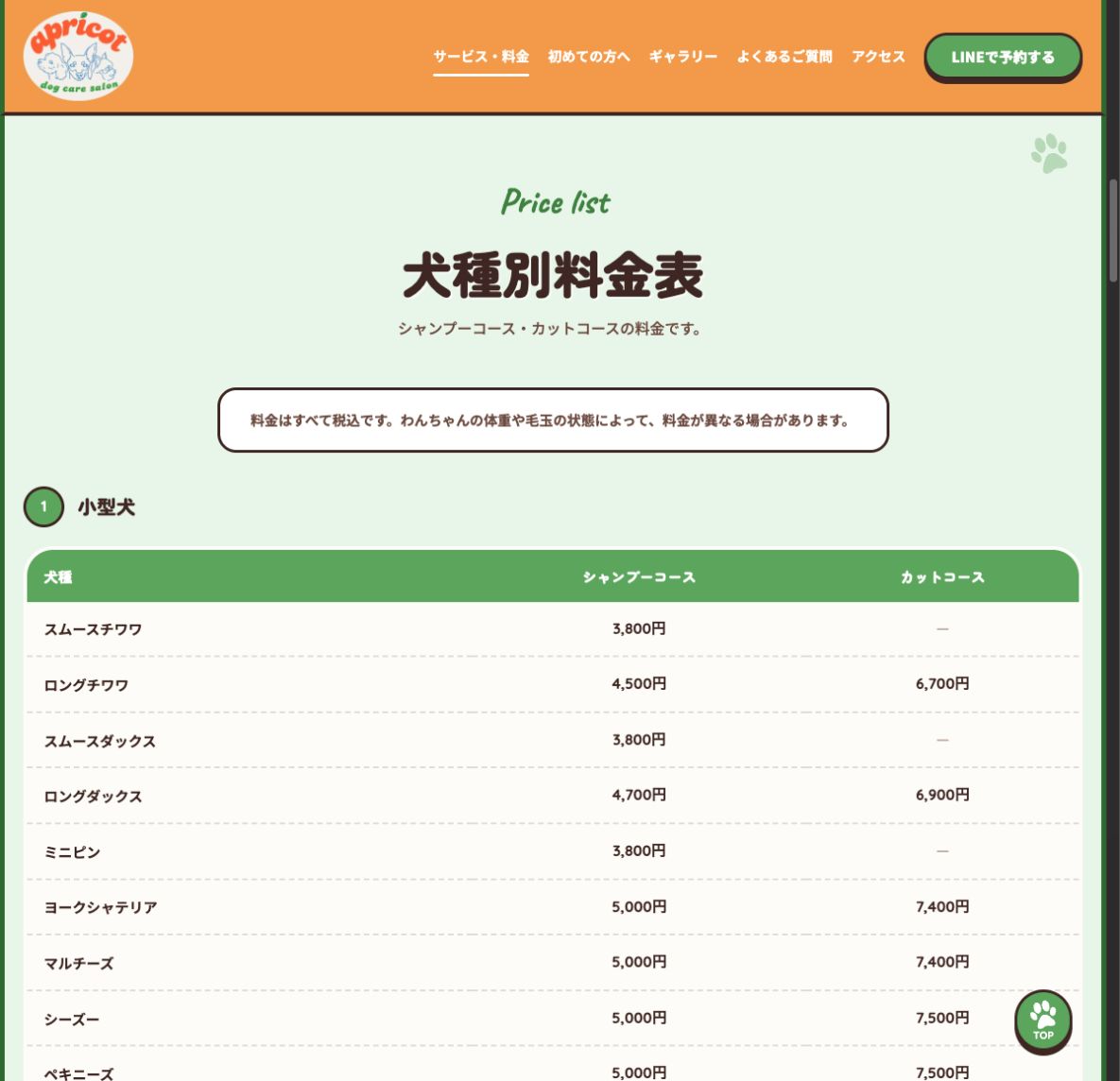 Dog care salon apricot様ホームページの犬種別料金表